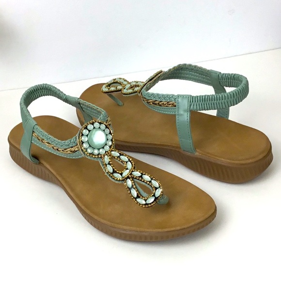 Boho gladiator ankle wrap sandals w/ rhinestones & turquoise-like stone - Picture 1 of 10